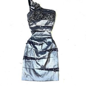 Y2K Silver one shoulder metallic‎ dress with sequins Lace and ruffles size s